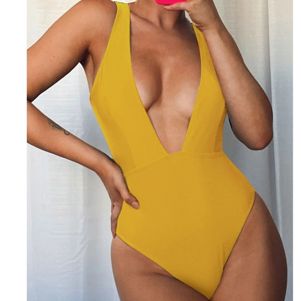 Zaful Yellow Plunging Neck High Waist One Piece Swim Suit Size 4 Nwot